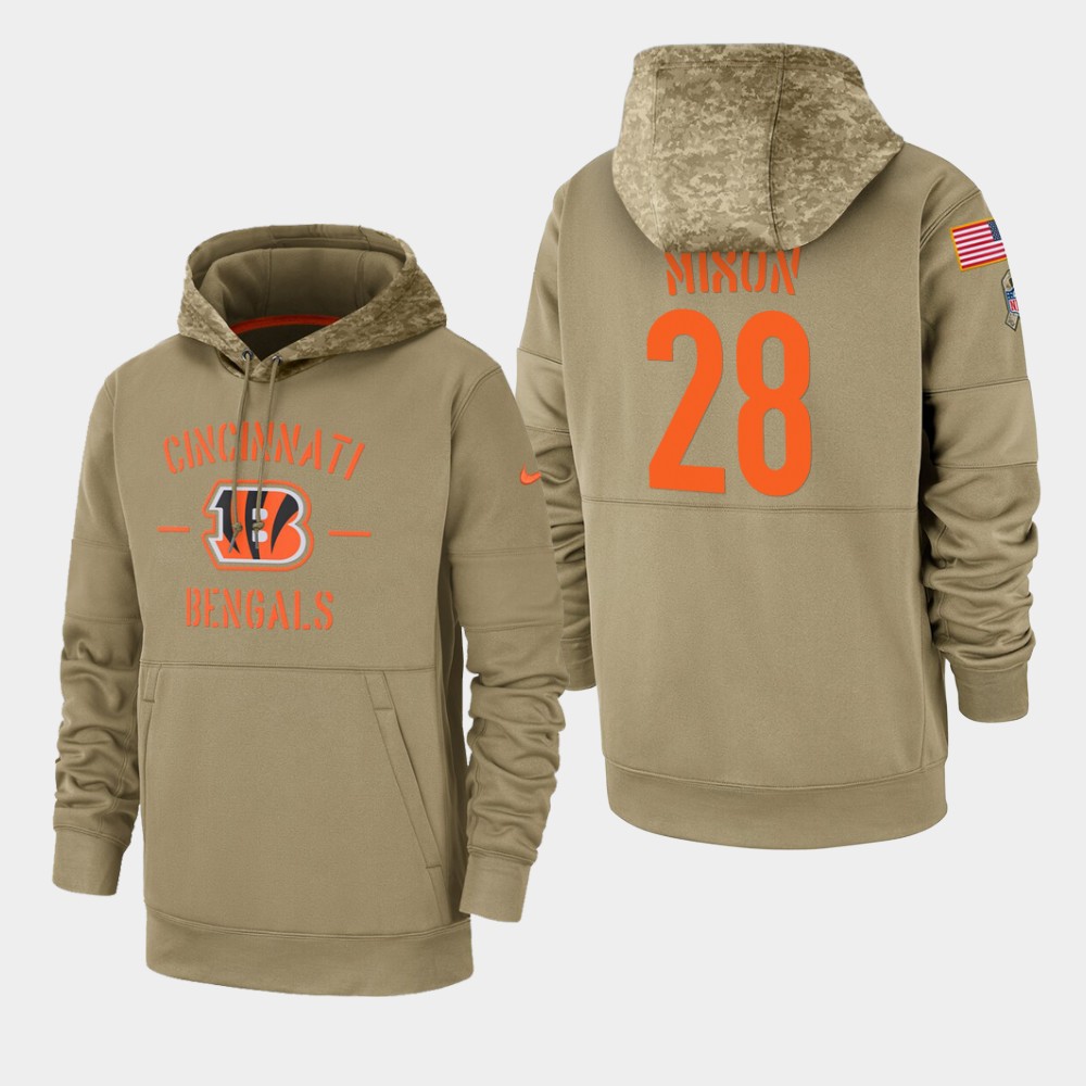 Men's Cincinnati Bengals #28 Joe Mixon Tan 2019 Salute To Service Sideline Therma Pullover Hoodie