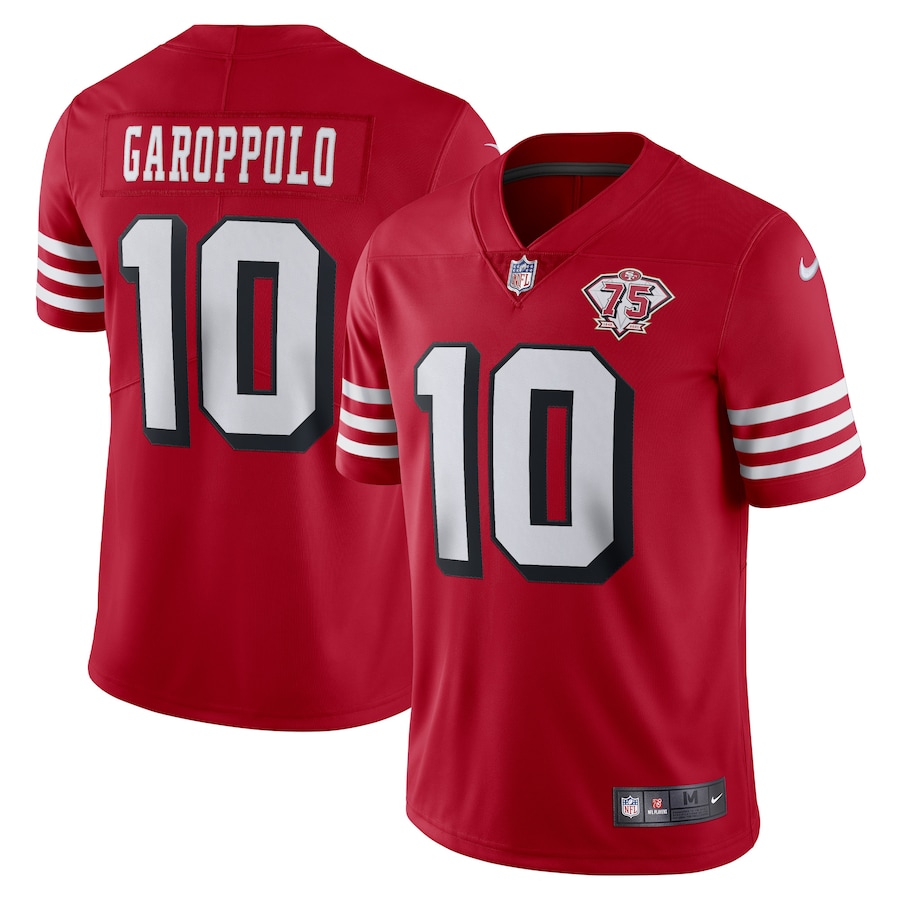 Men's San Francisco 49ers #10 Jimmy Garoppolo Scarlet 2021 75th Anniversary Vapor Untouchable Limited Stitched NFL Jersey - Click Image to Close