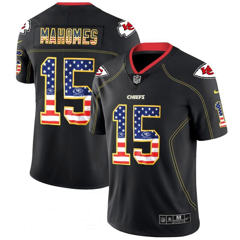 Men??s Kansas City Chiefs #15 Patrick Mahomes Black 2018 USA Flag Fashion Limited NFL Stitched Jersey - Click Image to Close