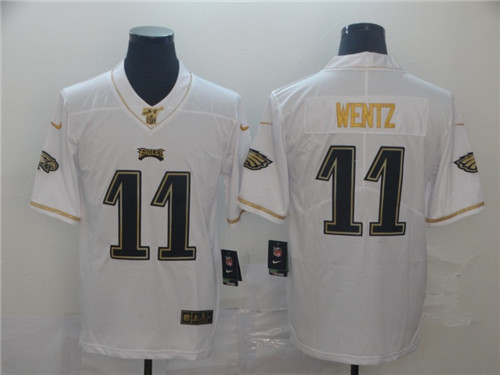 Men's Philadelphia Eagles #11 Carson Wentz White 2019 100th Season Golden Edition Limited Stitched NFL Jersey - Click Image to Close