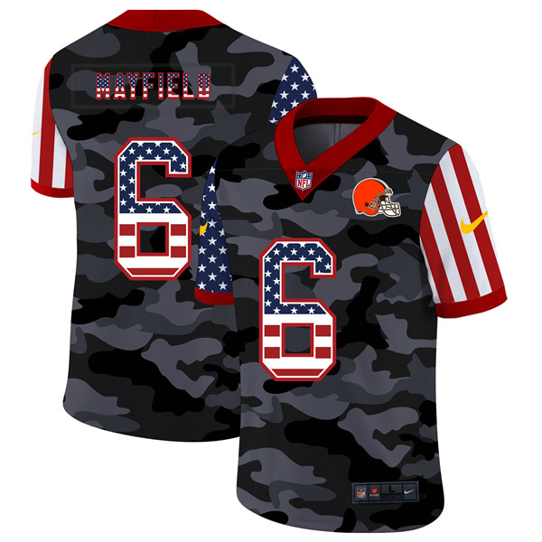 Men's Cleveland Browns #6 Baker Mayfield 2020 Camo USA Flag Limited Stitched NFL Jersey - Click Image to Close