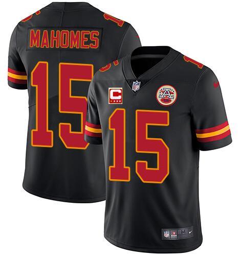 Men's Kansas City Chiefs #15 Patrick Mahomes Black With C Patch Limited Stitched NFL Jersey - Click Image to Close