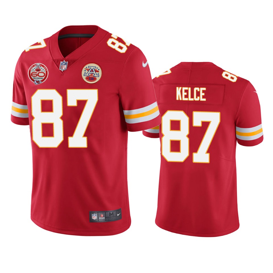 Men's Kansas City Chiefs #87 Travis Kelce Red 2019 60th Anniversary Limited Stitched NFL Jersey.