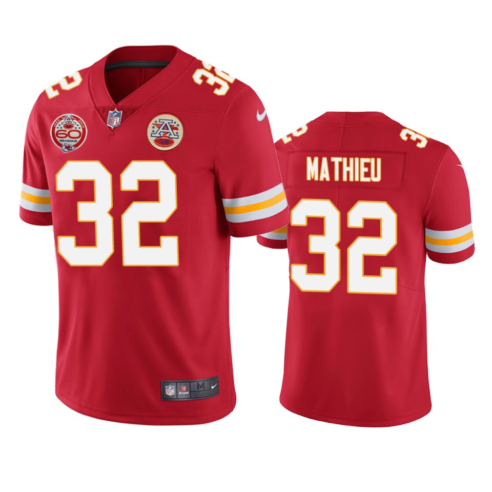 Men's Kansas City Chiefs #32 Tyrann Mathieu Red 2019 60th Anniversary Limited Stitched NFL Jersey.