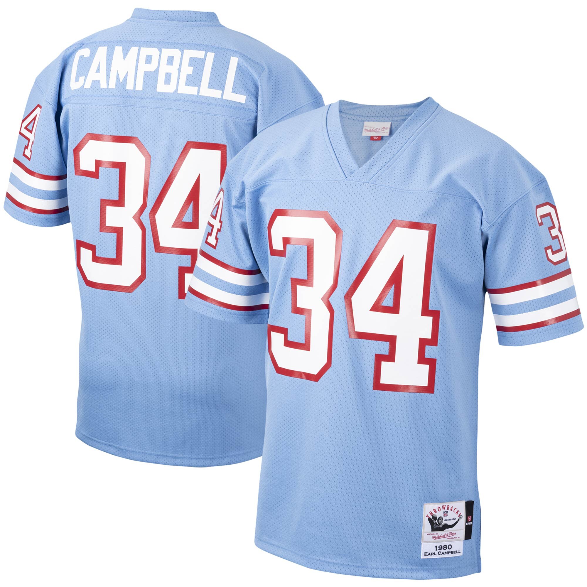 Men's Houston Oilers/Tennessee Titans #34 Earl Campbell Mitchell & Ness Light Blue 1980 Authentic Throwback Retired Player Stitched Jersey