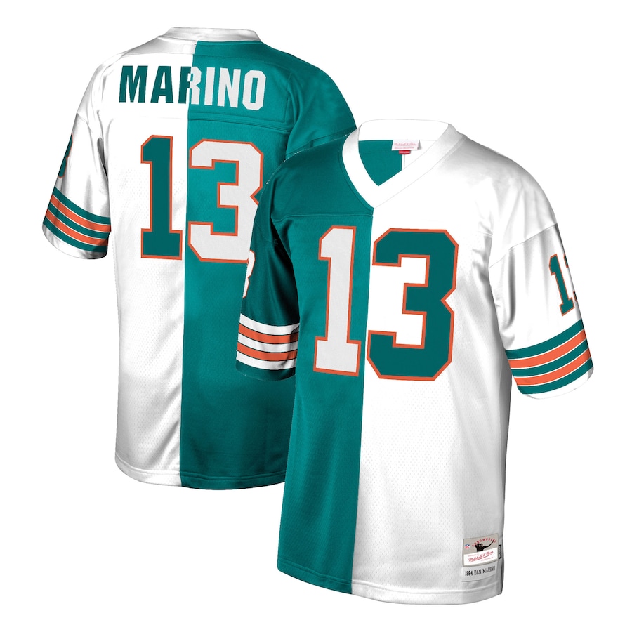 Men's Miami Dolphins #13 Dan Marino Aqua/White Mitchell & Ness Retired Player Split Stitched Jersey - Click Image to Close