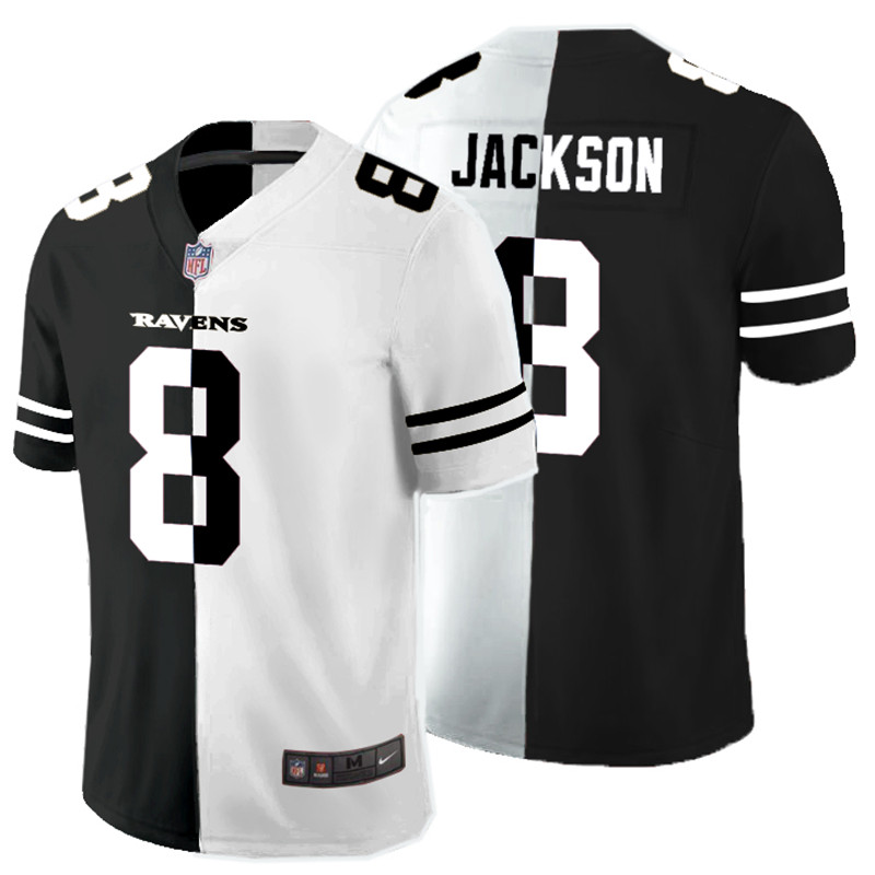 Men's Baltimore Ravens #8 Lamar Jackson Black White Split 2020 Stitched Jersey