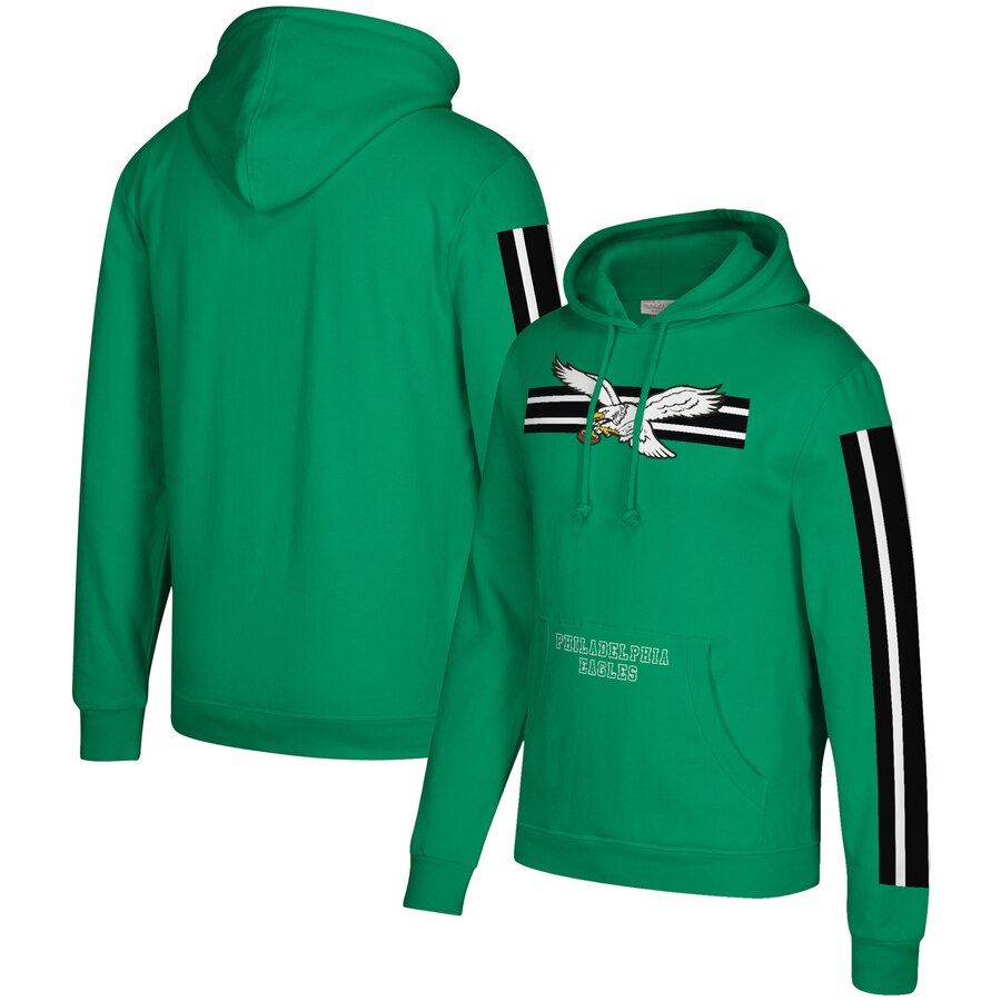 Men's Philadelphia Eagles 2019 Green Mitchell & Ness Three Stripe Pullover Hoodie