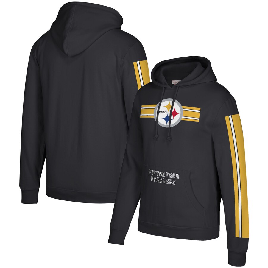 Men's Pittsburgh Steelers 2019 Black Mitchell & Ness Three Stripe Pullover Hoodie