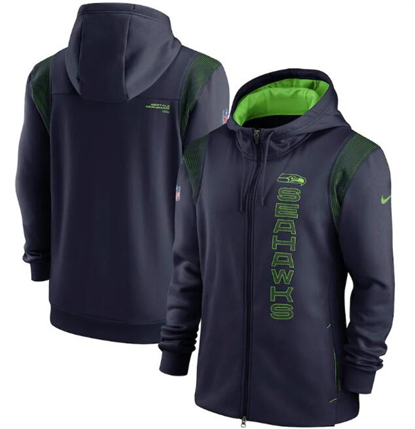 Men's Seattle Seahawks 2021 Navy Sideline Team Performance Full-Zip Hoodie