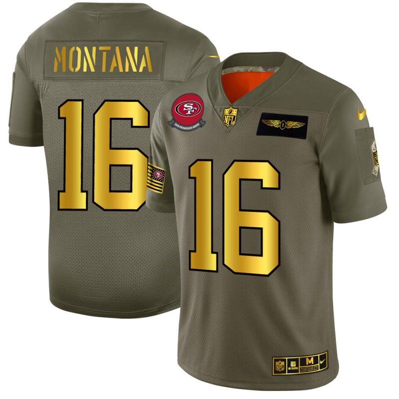 Men's San Francisco 49ers #16 Joe Montana Olive/Gold 2019 Salute to Service Limited Stitched NFL Jersey