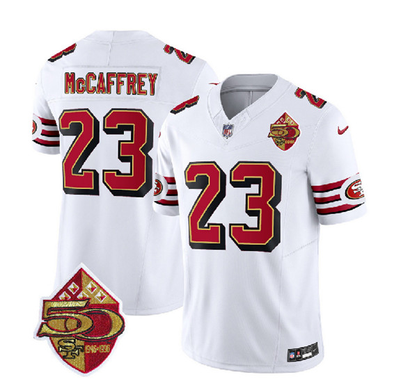 Men's San Francisco 49ers #23 Christian McCaffrey White 2023 F.U.S.E. 50th Patch Vapor Vapor Untouchable Limited Football Stitched Jersey