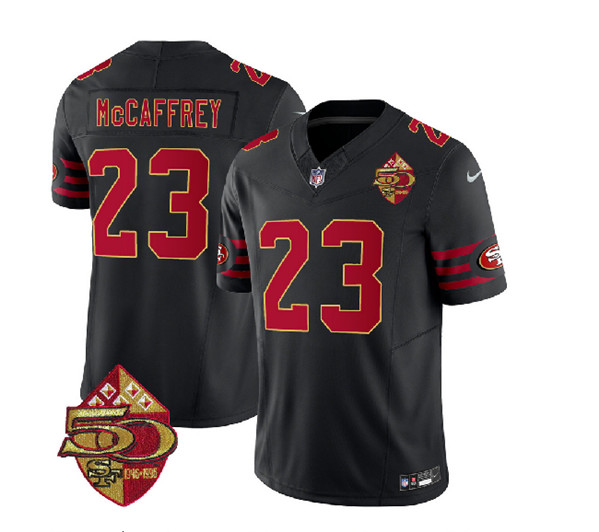 Men's San Francisco 49ers #23 Christian McCaffrey Black 2023 F.U.S.E. 50th Patch Throwback Football Stitched Jersey - Click Image to Close