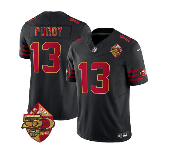 Men's San Francisco 49ers #13 Brock Purdy Black 2023 F.U.S.E. 50th Patch Throwback Football Stitched Jersey - Click Image to Close