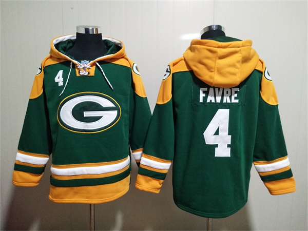 Men's Green Bay Packers #4 Brett Favre Green Lace-Up Pullover Hoodie - Click Image to Close