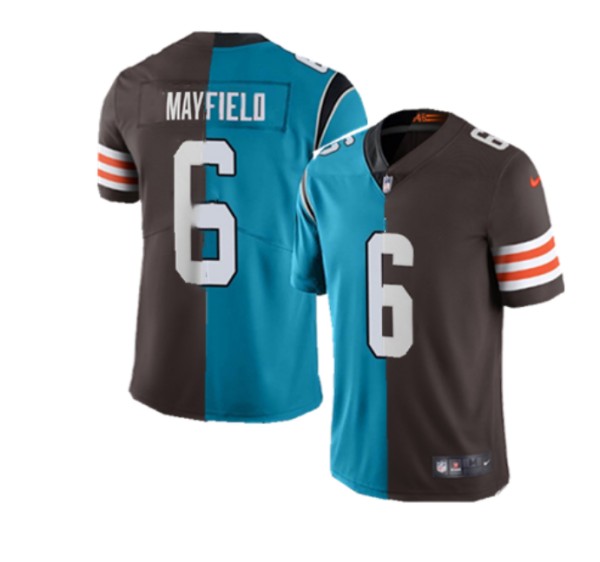 Men's Carolina Panthers & Cleveland Browns #6 Baker Mayfield Splite Blue&Brown Vapor Untouchable Limited Stitched Jersey