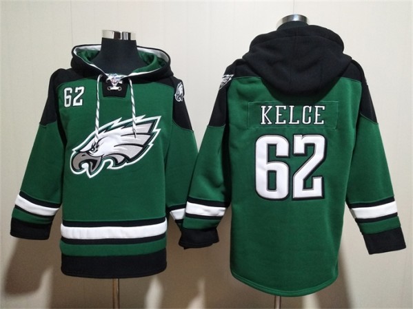 Men's Philadelphia Eagles #62 Jason Kelce Green Lace-Up Pullover Hoodie