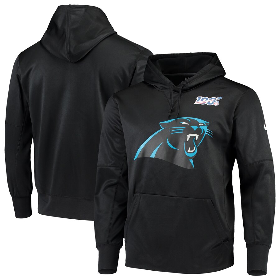 Men's Carolina Panthers Black 100th Season Primary Logo Circuit Performance Pullover NFL Hoodie