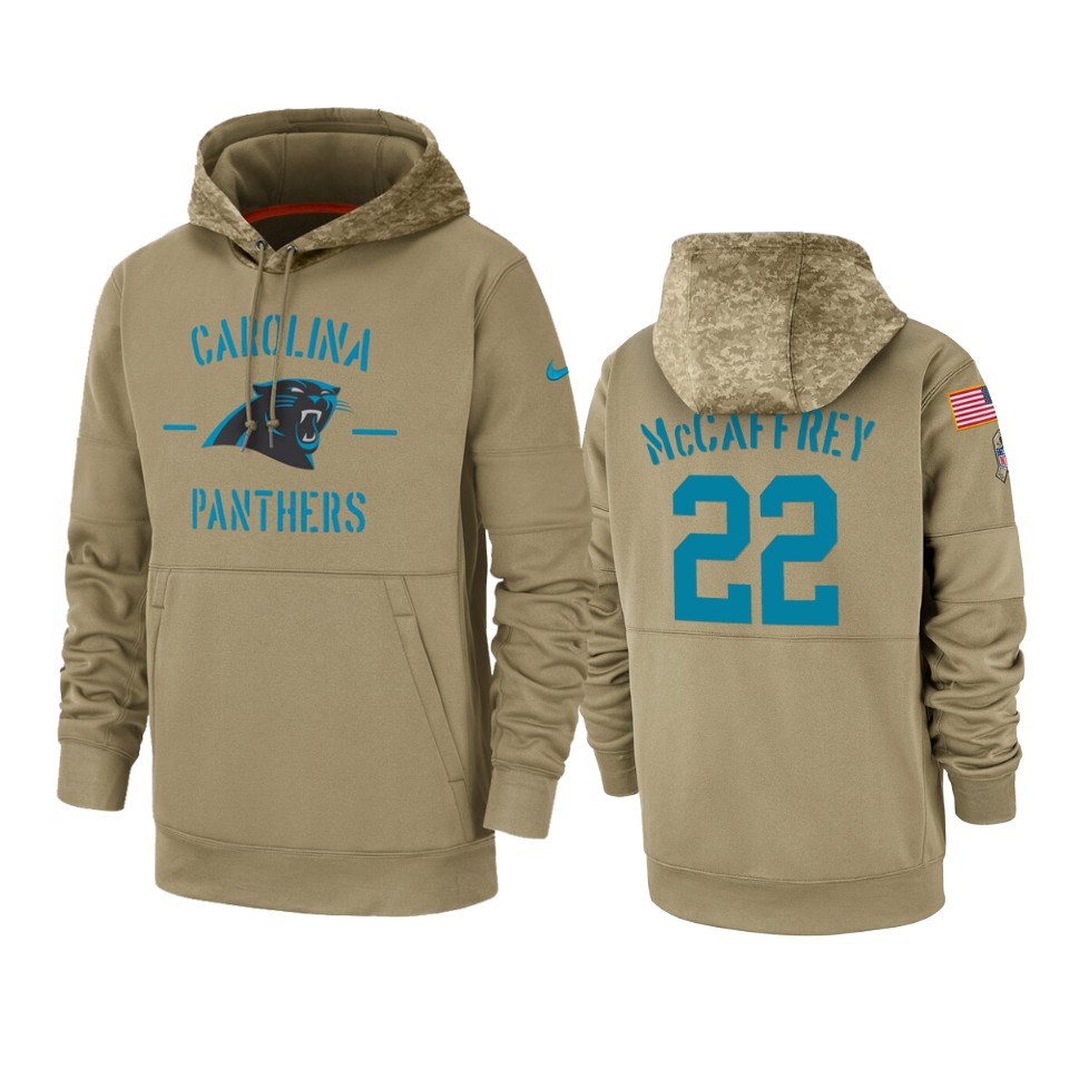 Men's Carolina Panthers #22 Christian McCaffrey Tan 2019 Salute to Service Sideline Therma Pullover Hoodie