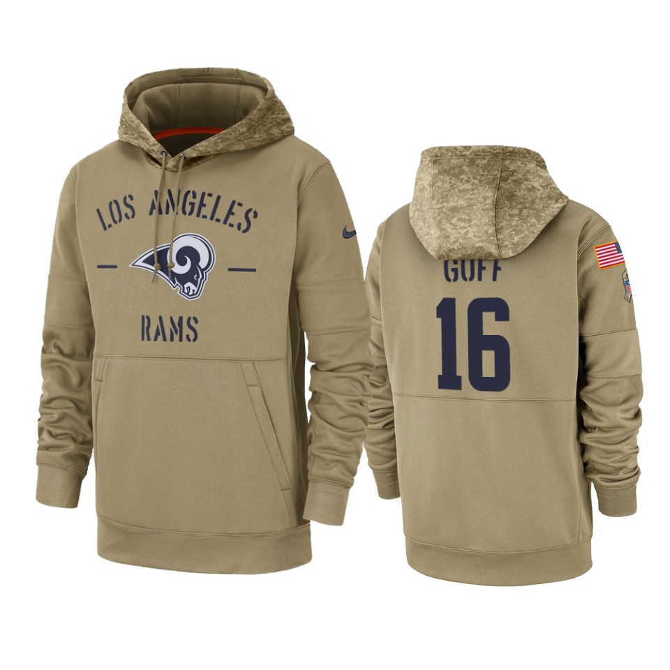 Men's Los Angeles Rams #16 Jared Goff Tan 2019 Salute to Service Sideline Therma Pullover Hoodie