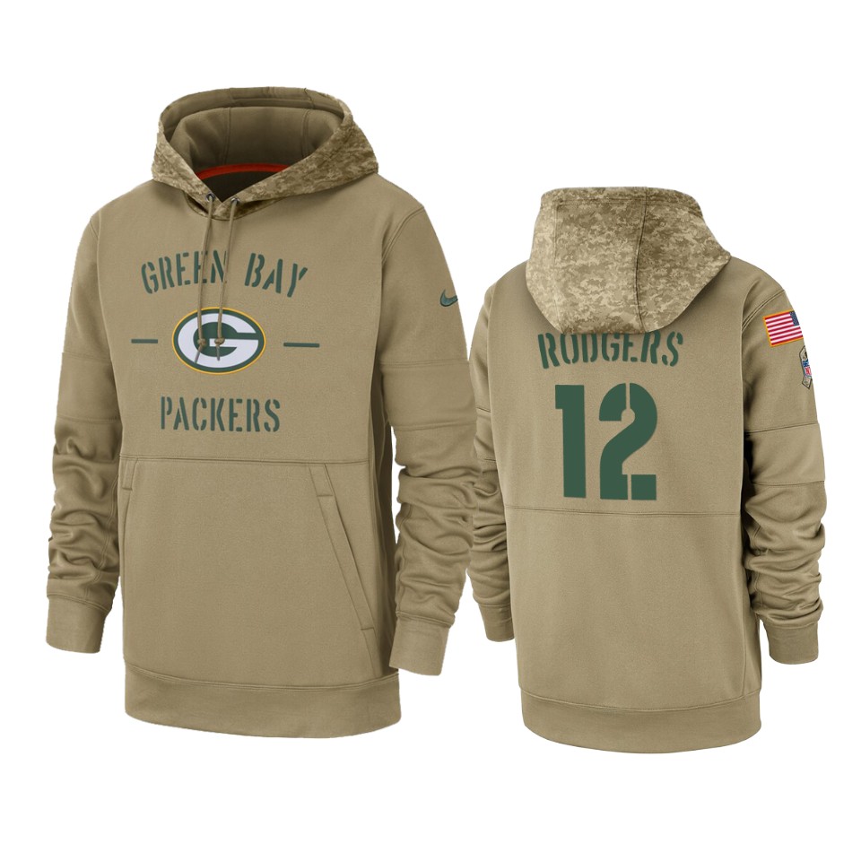 Men's Green Bay Packers #12 Aaron Rodgers Tan 2019 Salute to Service Sideline Therma Pullover Hoodie