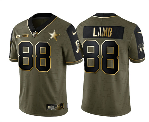 Men's Dallas Cowboys #88 CeeDee Lamb 2021 Olive Salute To Service Golden Limited Stitched Jersey