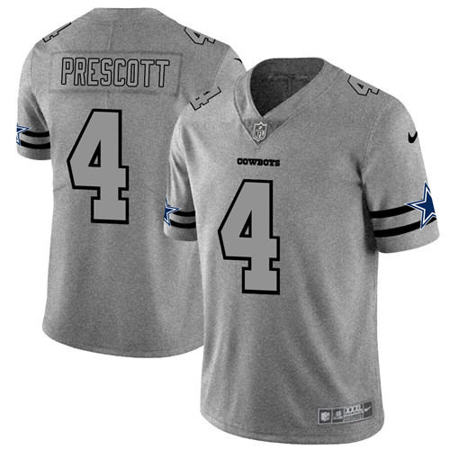 Men's Dallas Cowboys #4 Dak Prescott 2019 Gray Gridiron Team Logo Stitched NFL Jersey - Click Image to Close