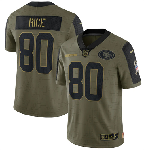 Men's San Francisco 49ers #80 Jerry Rice 2021 Olive Salute To Service Limited Stitched Jersey