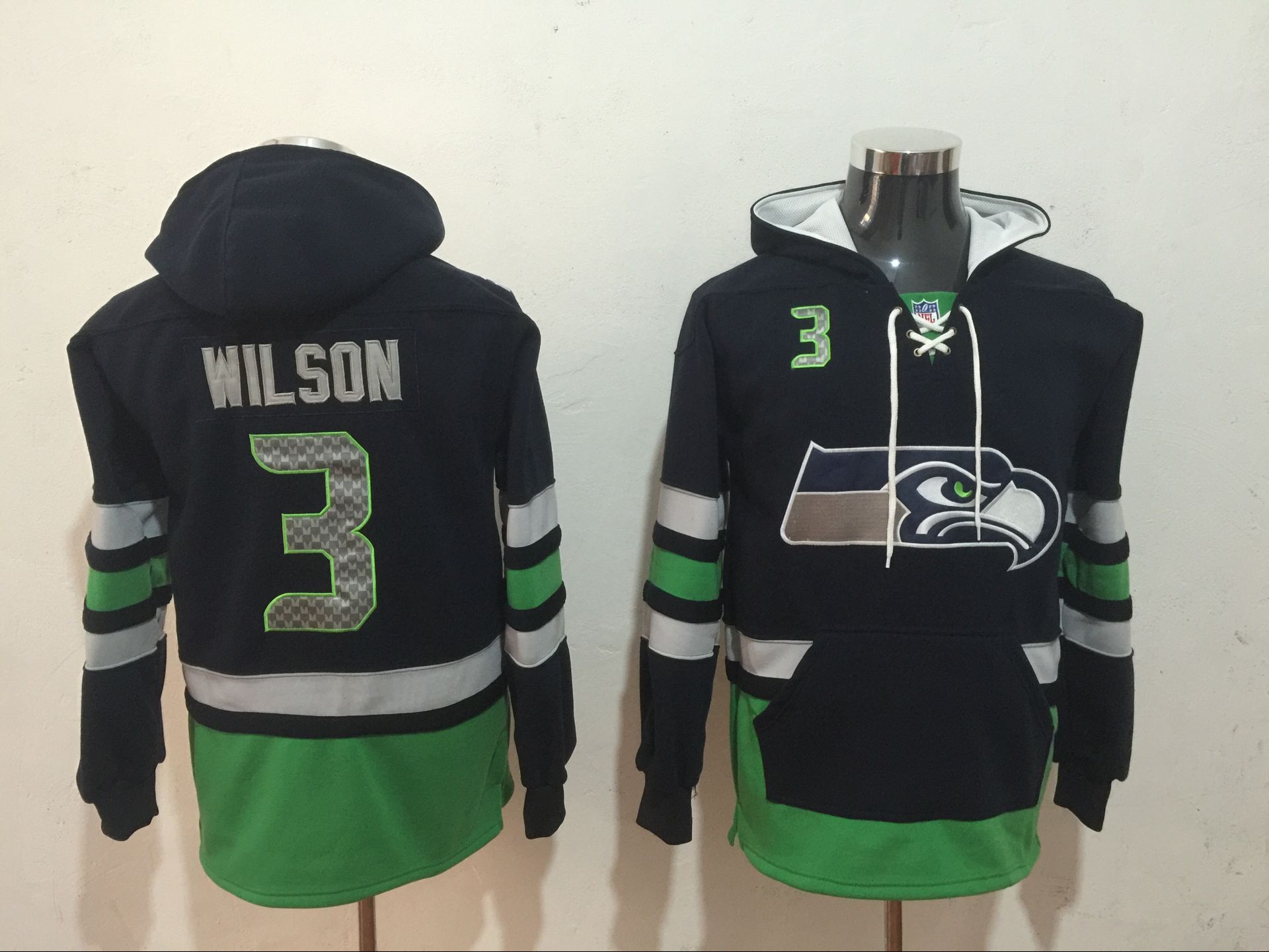 Men's Seattle Seahawks #3 Russell Wilson Navy Blue All Stitched NFL Hoodie Sweatshirt