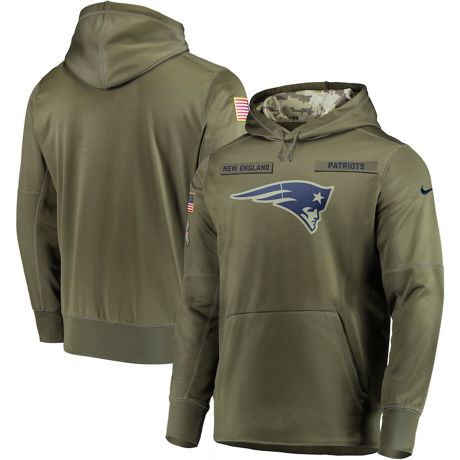 Men's New England Patriots 2018 Olive Salute To Service Sideline Therma Performance Pullover Stitched NFL Hoodie