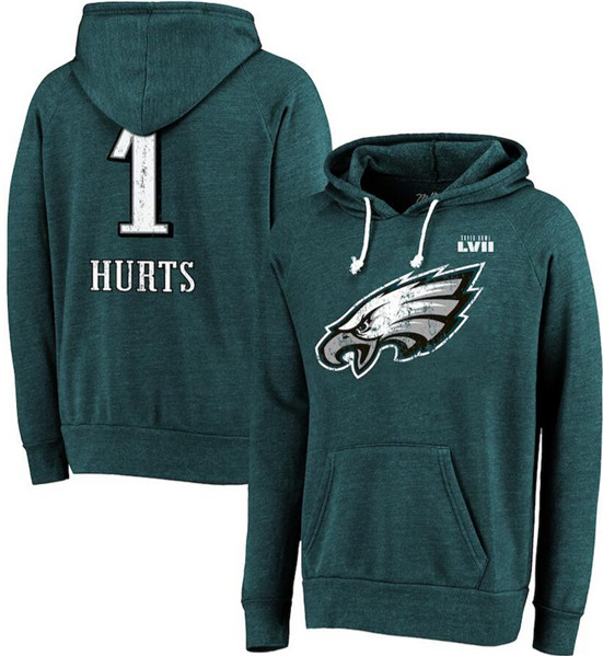 Men's Philadelphia Eagles #1 Jalen Hurts Midnight Green Super Bowl LVII Name & Number Pullover Hoodie - Click Image to Close