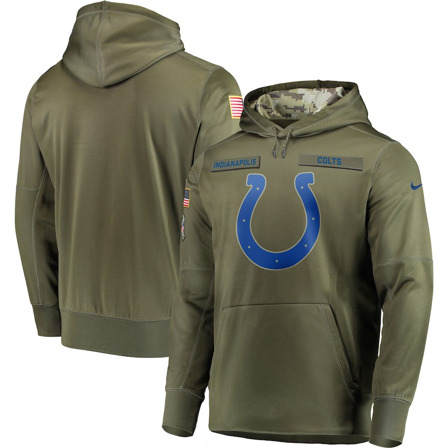 Men's Indianapolis Colts 2018 Olive Salute to Service Sideline Therma Performance Pullover Stitched NFL Hoodie - Click Image to Close