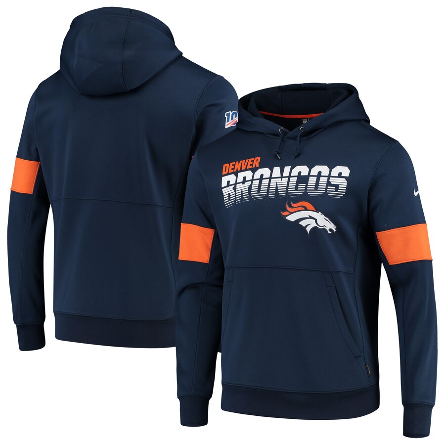 Men's Denver Broncos 2019 Navy 100th Season Sideline Team Logo Performance Pullover Hoodie