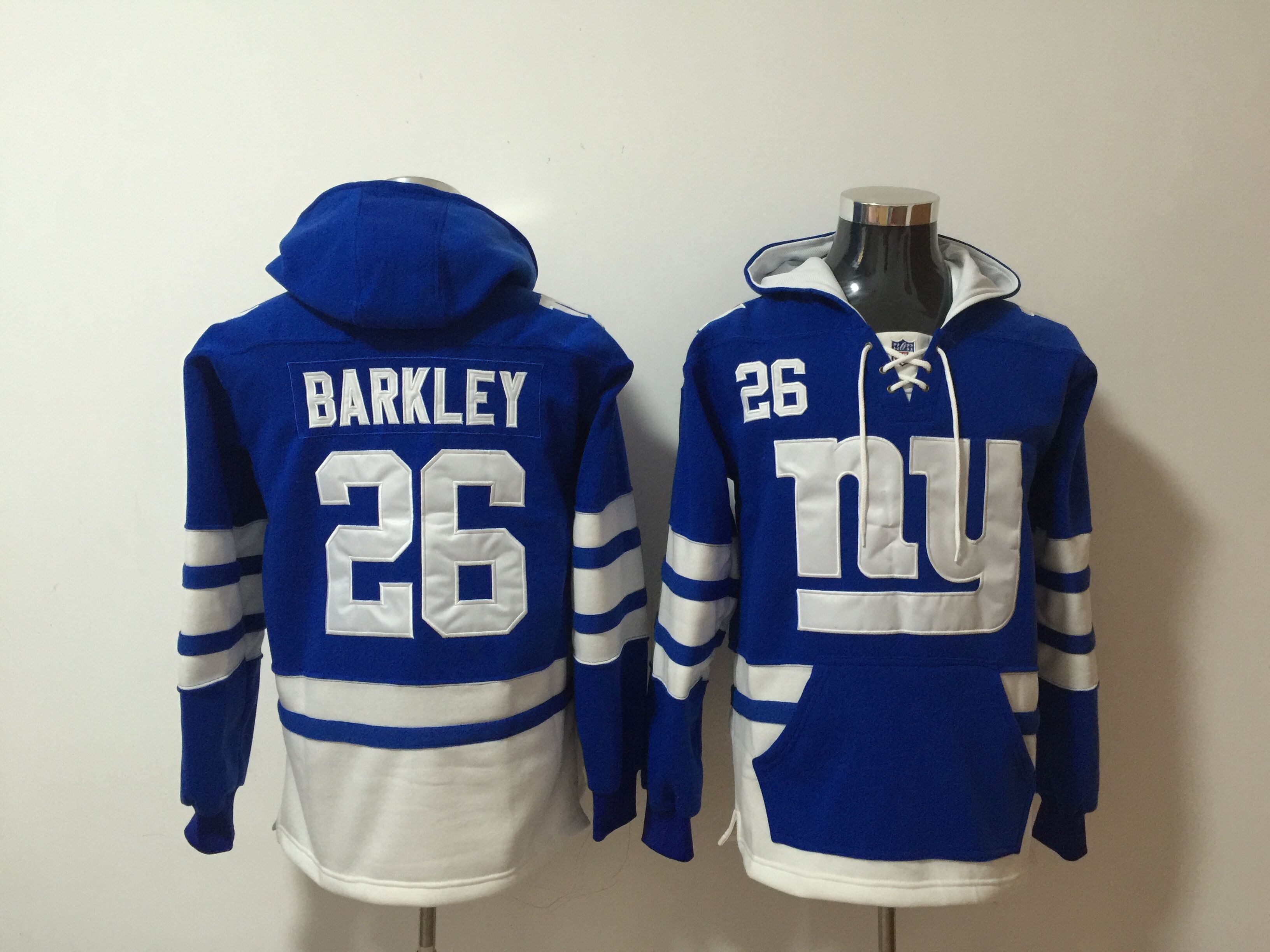 Men's New York Giants #26 Saquon Barkley Royal Blue All Stitched NFL Hoodie Sweatshirt - Click Image to Close