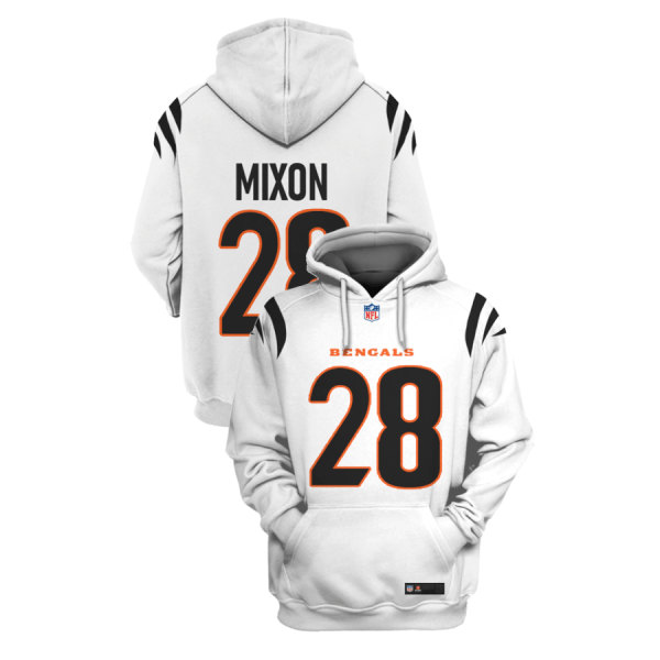 Men's Cincinnati Bengals #28 Joe Mixon 2021 White Pullover Hoodie