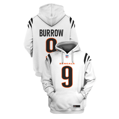 Men's Cincinnati Bengals #9 Joe Burrow 2021 White Pullover Hoodie