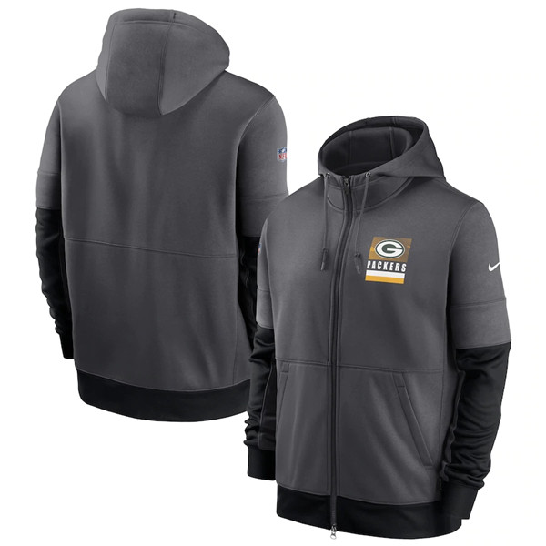 Men's Green Bay Packers Charcoal Sideline Impact Lockup Performance Full-Zip NFL Hoodie