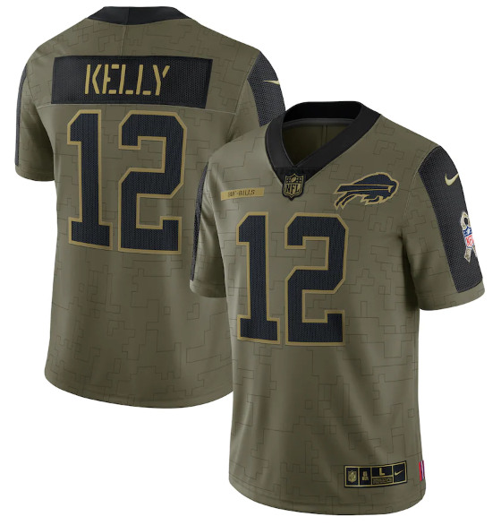 Men's Buffalo Bills #12 Jim Kelly 2021 Olive Salute To Service Limited Stitched Jersey