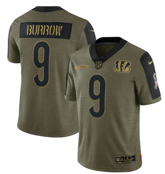 Men's Cincinnati Bengals #9 Joe Burrow 2021 Olive Salute To Service Limited Stitched Jersey