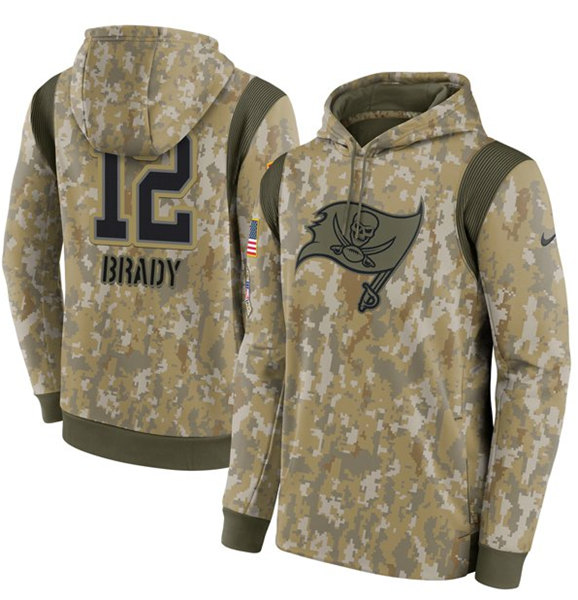 Men's Tampa Bay Buccaneers #12 Tom Brady Camo 2021 Salute To Service Therma Performance Pullover Hoodie - Click Image to Close