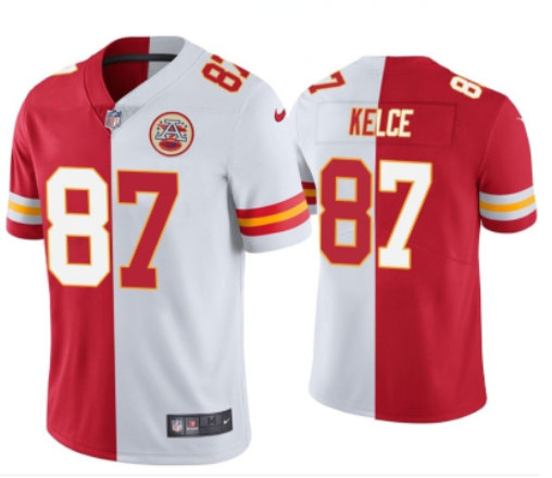 Men??s Kansas City Chiefs #87 Travis Kelce Red & White Split Limited Stitched Jersey