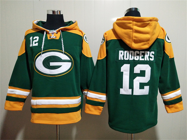 Men's Green Bay Packers #12 Aaron Rodgers Green Lace-Up Pullover Hoodie