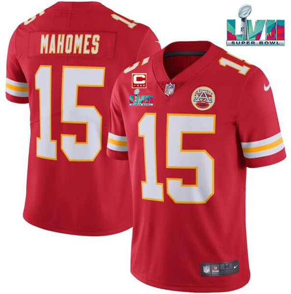 Men??s Kansas City Chiefs #15 Patrick Mahomes Red Super Bowl LVII Patch And 4-star C Patch Vapor Untouchable Limited Stitched Jersey