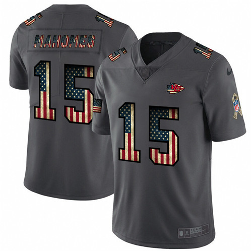 Men's Kansas City Chiefs #15 Patrick Mahomes Grey 2019 Salute To Service USA Flag Fashion Limited Stitched NFL Jersey - Click Image to Close