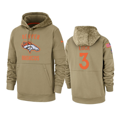 Men's Denver Broncos #3 Drew Lock Tan 2019 Salute To Service Sideline Therma Pullover Hoodie