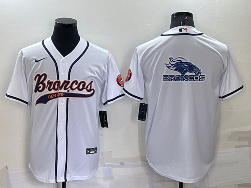 Men's Denver Broncos White Team Big Logo With Patch Cool Base Stitched Baseball Jersey - Click Image to Close