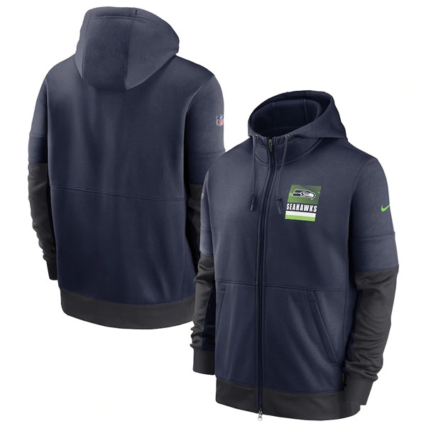 Men's Seattle Seahawks Navy Sideline Impact Lockup Performance Full-Zip NFL Hoodie - Click Image to Close