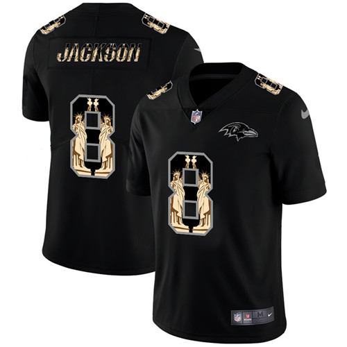 Men's Baltimore Ravens #8 Lamar Jackson 2019 Black Statue Of Liberty Limited Stitched NFL Jersey