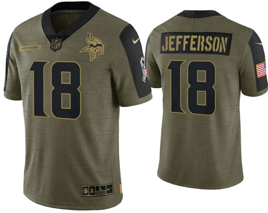 Men's Minnesota Vikings #18 Justin Jefferson 2021 Olive Salute To Service Limited Stitched Jersey - Click Image to Close