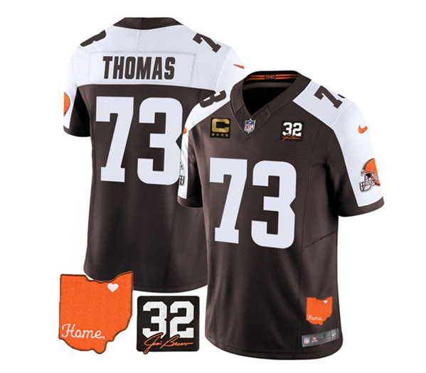 Men's Cleveland Browns #73 Joe Thomas Brown/White 2023 F.U.S.E. With Jim Brown Memorial Patch And 4-Star C Patch Vapor Untouchable Limited Stitched Jersey